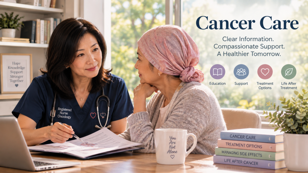 Cancer care guide with an oncology nurse supporting a patient through cancer treatment